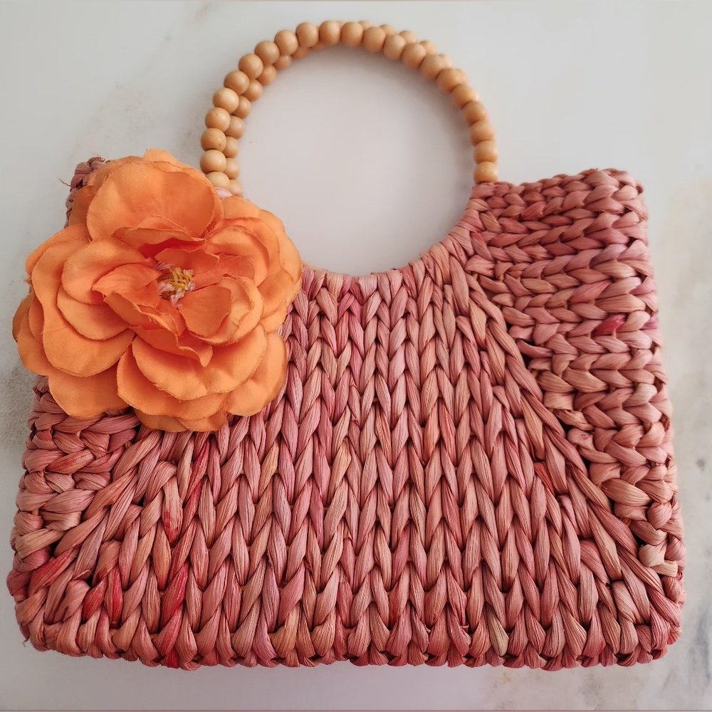 Orange Woven Summer Raffia Handbag with Gorgeous Orange Flower Accent